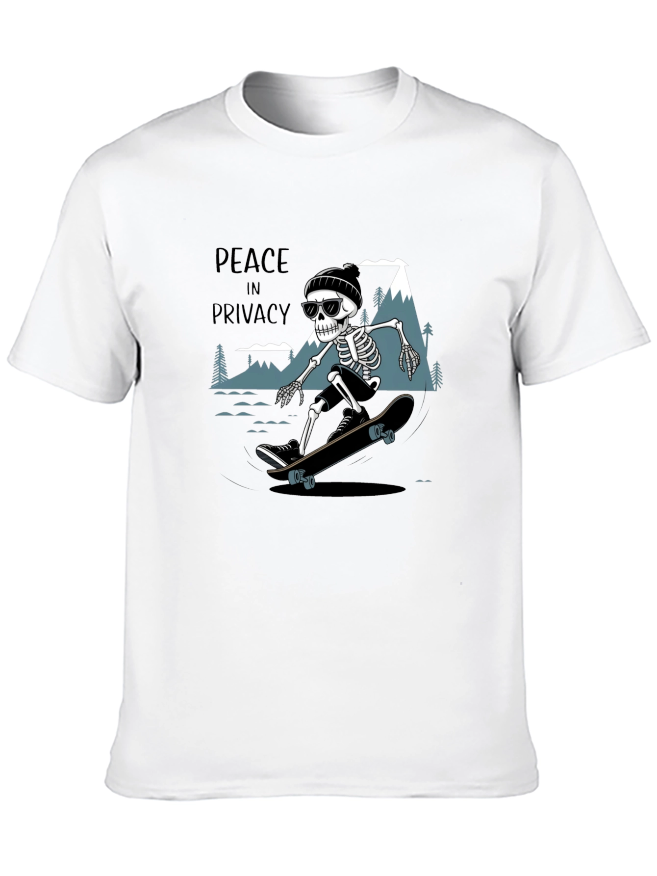Peace in Privacy Skeleton Skateboarder Black T-Shirt