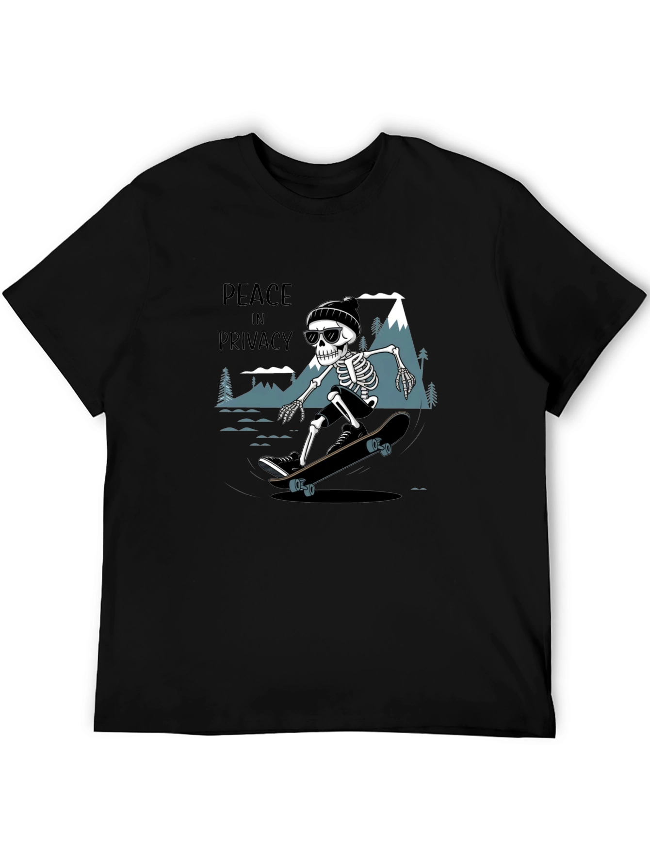 Peace in Privacy Skeleton Skateboarder Black T-Shirt