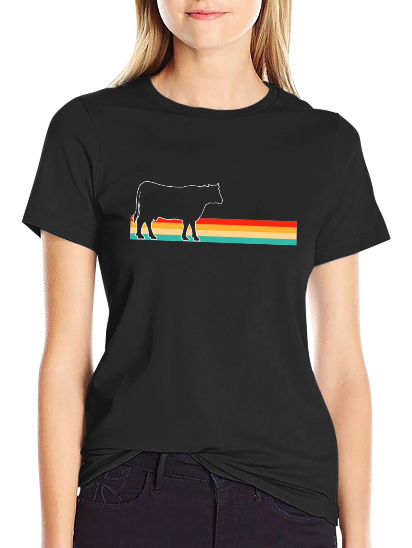 Retro Cow Graphic Black T-Shirt