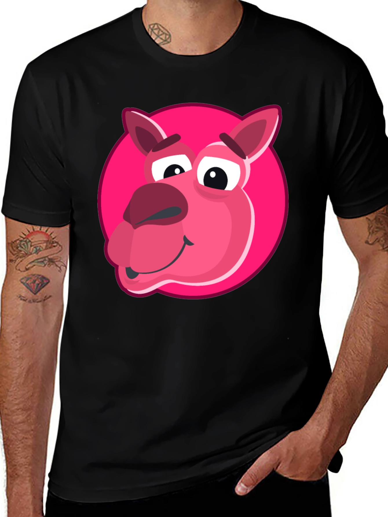 Cartoon Pink Animal Graphic Black T-Shirt