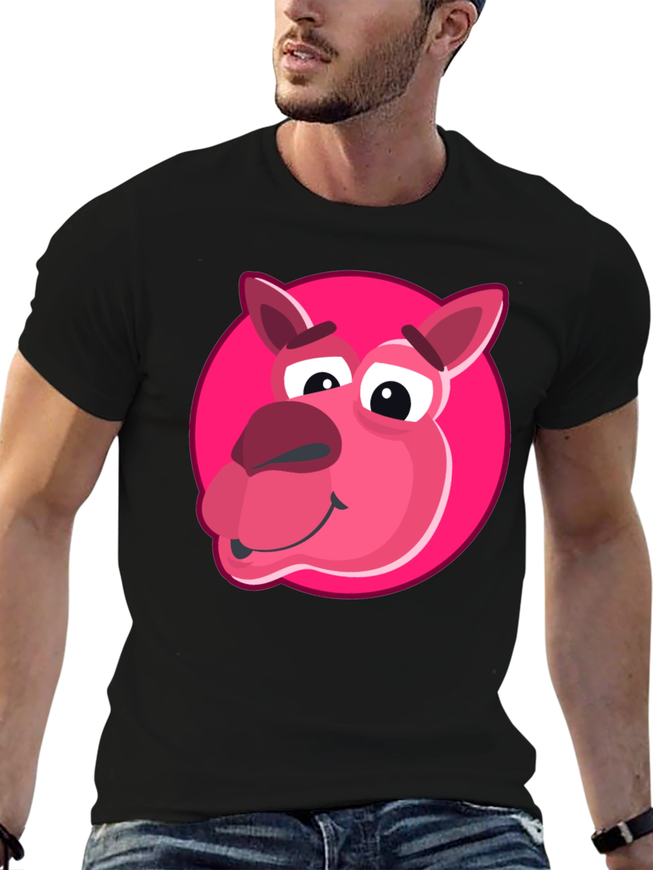 Cartoon Pink Animal Graphic Black T-Shirt