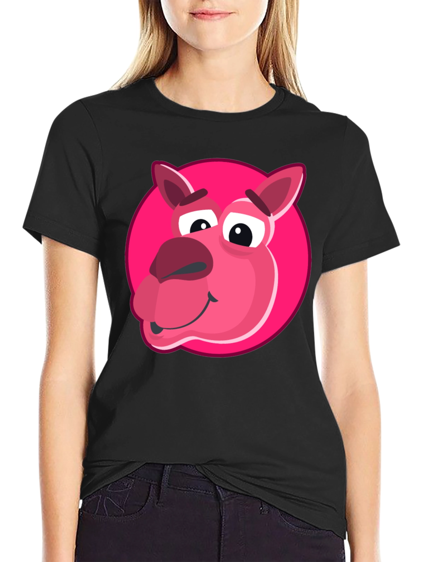 Cartoon Pink Animal Graphic Black T-Shirt