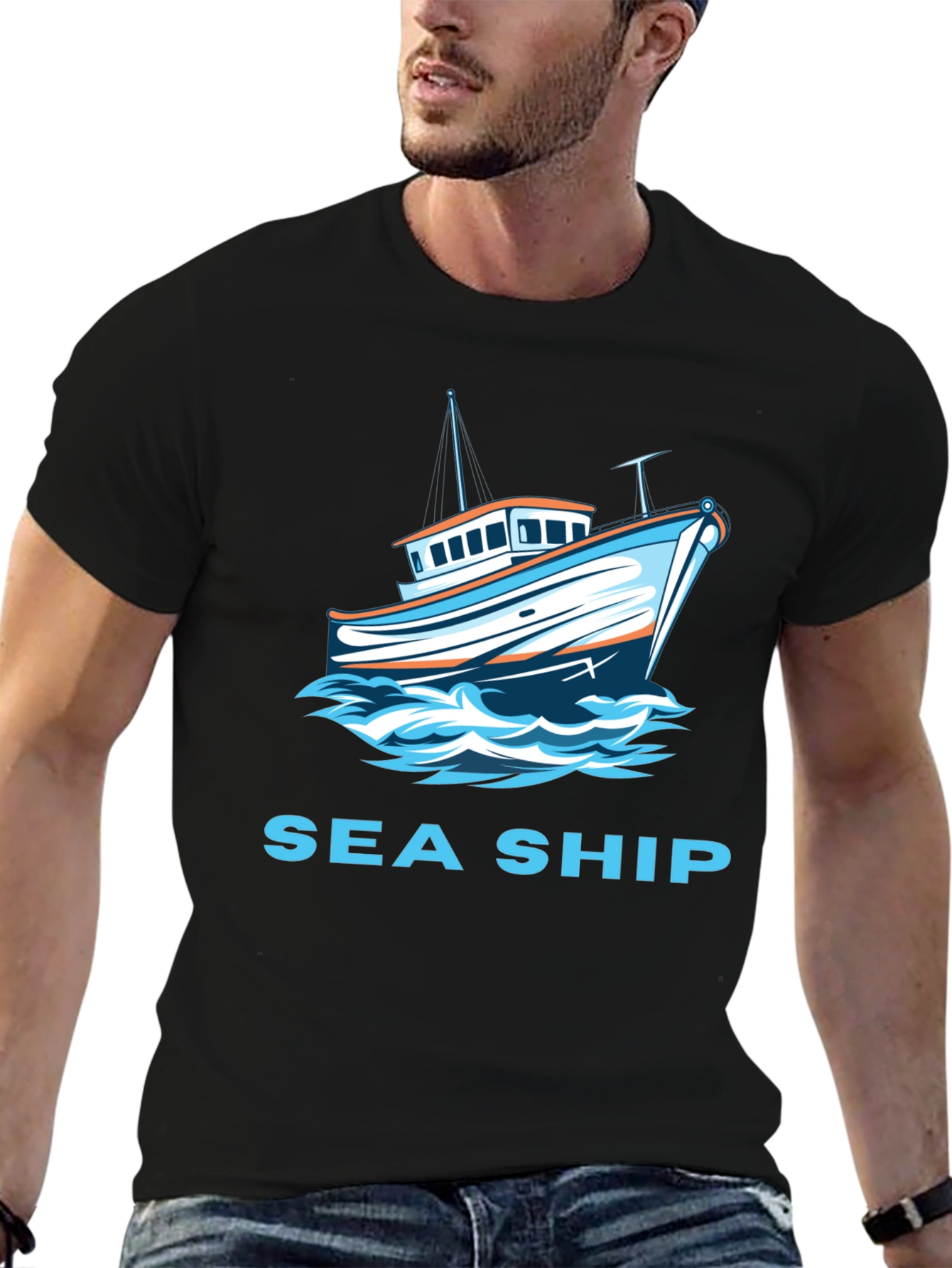 Sea Ship Graphic T-Shirt - Black