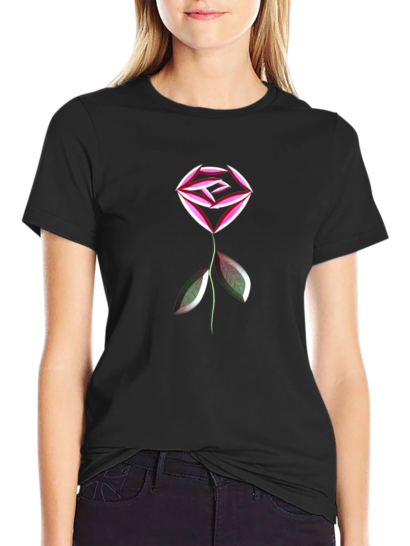 Abstract Geometric Rose Graphic Black T-Shirt