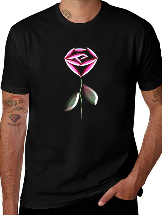 Abstract Geometric Rose Graphic Black T-Shirt