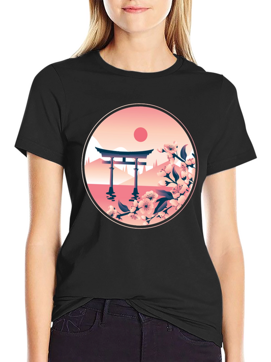 Japanese Art Black T-Shirt - Torii Gate & Cherry Blossoms