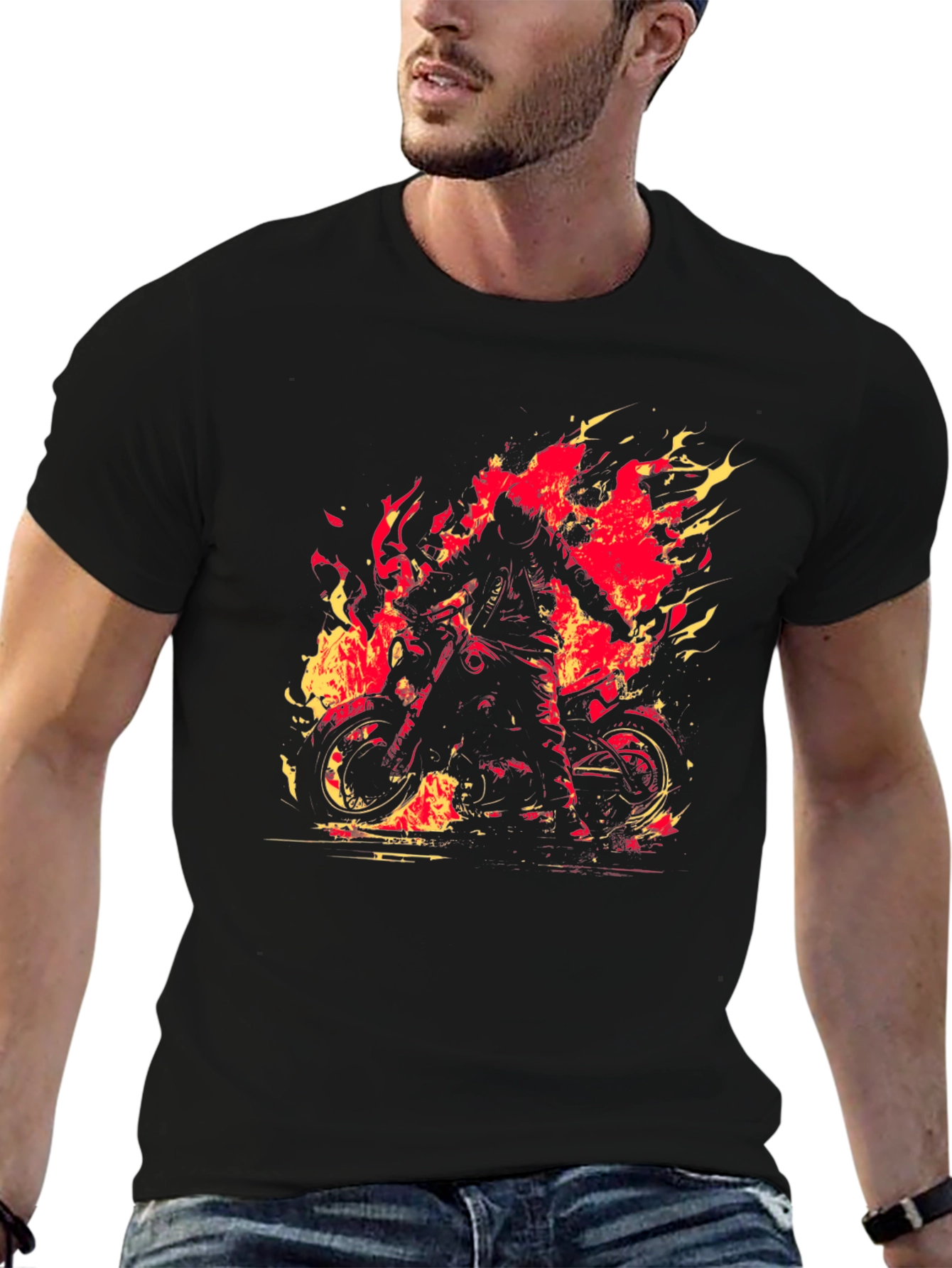 Fiery Rider Graphic Tee - Black Motorcycle T-Shirt
