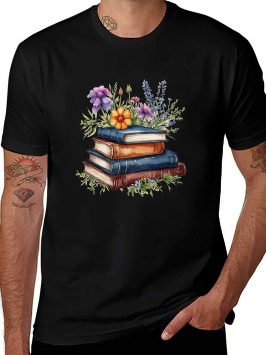 Book Stack & Floral Print T-Shirt