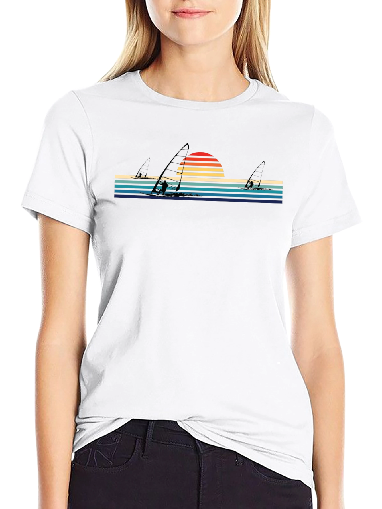 Retro Sunset Windsurfing T-Shirt - Stylish Black Tee