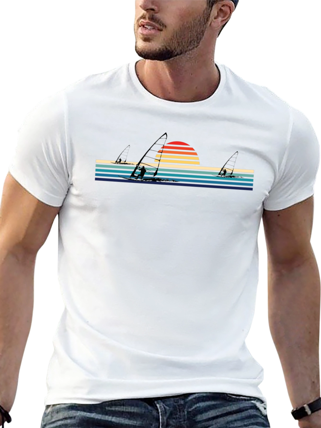 Retro Sunset Windsurfing T-Shirt - Stylish Black Tee