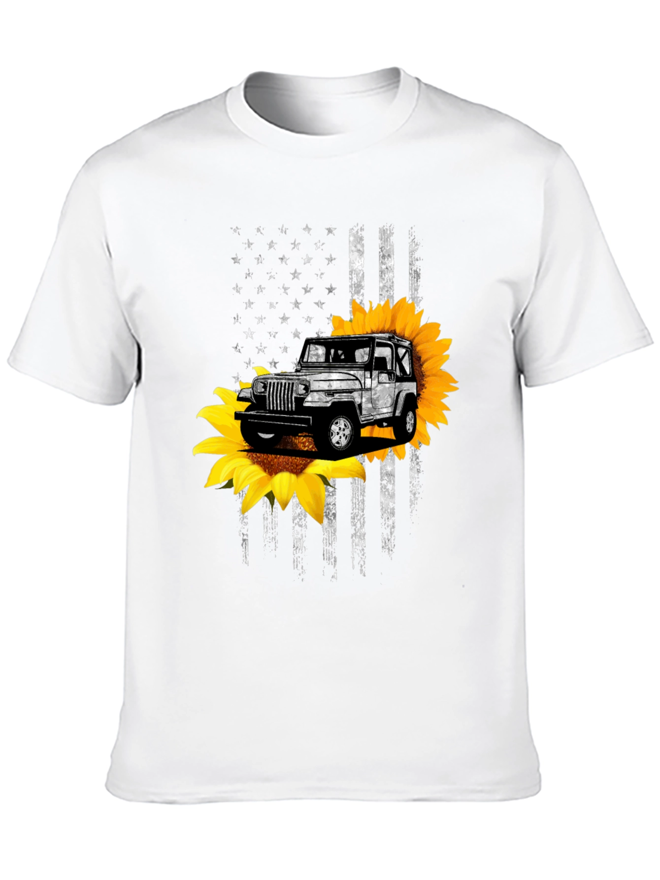Sunflower Jeep Graphic Tee - Patriotic USA Flag Design