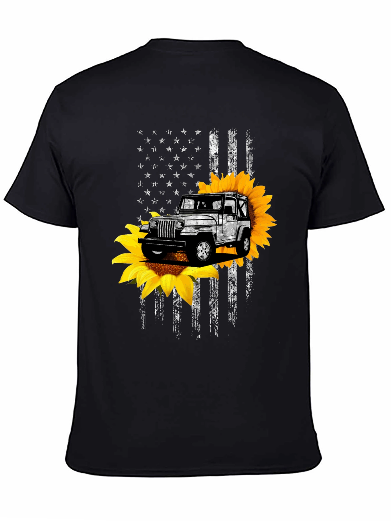 Sunflower Jeep Graphic Tee - Patriotic USA Flag Design