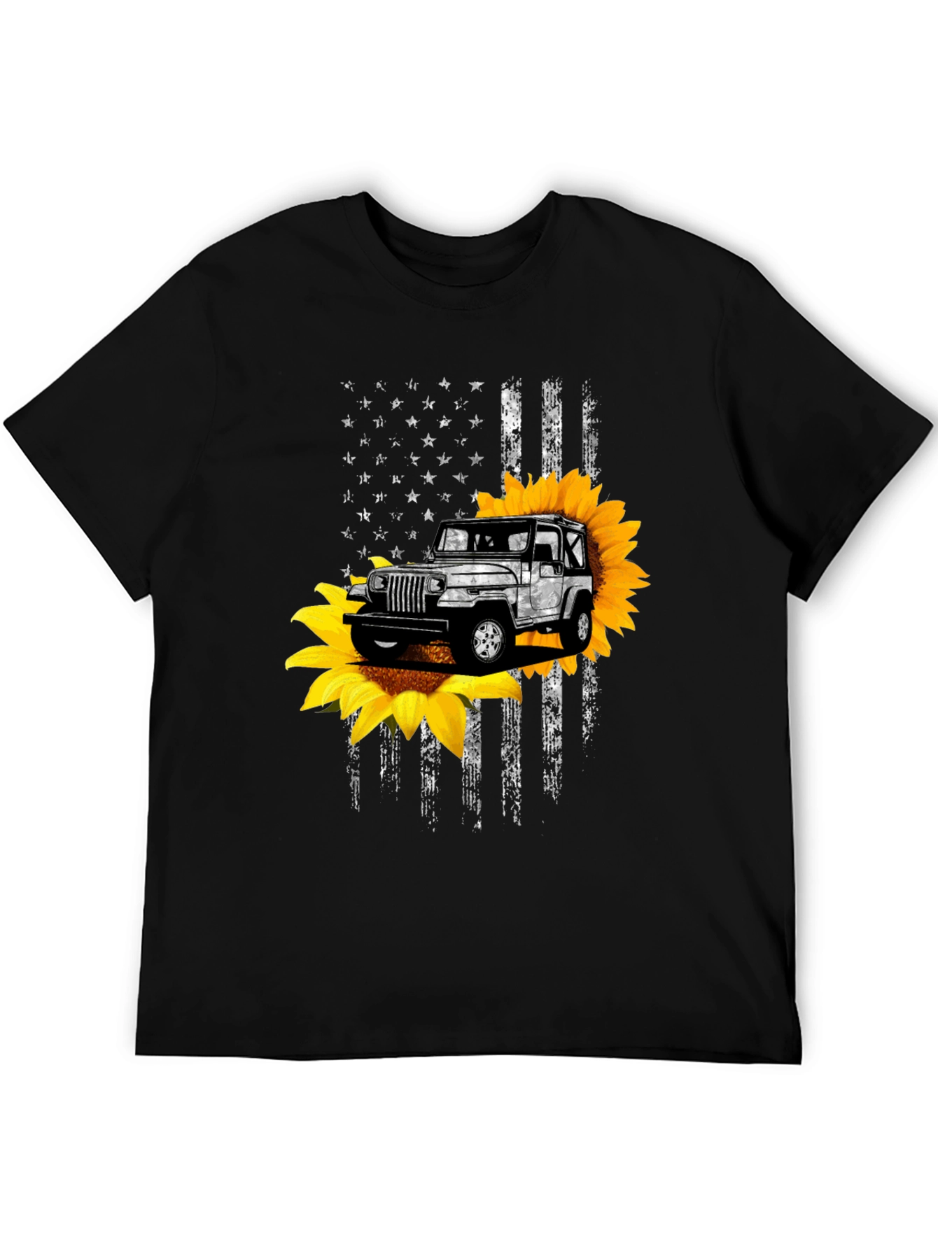 Sunflower Jeep Graphic Tee - Patriotic USA Flag Design