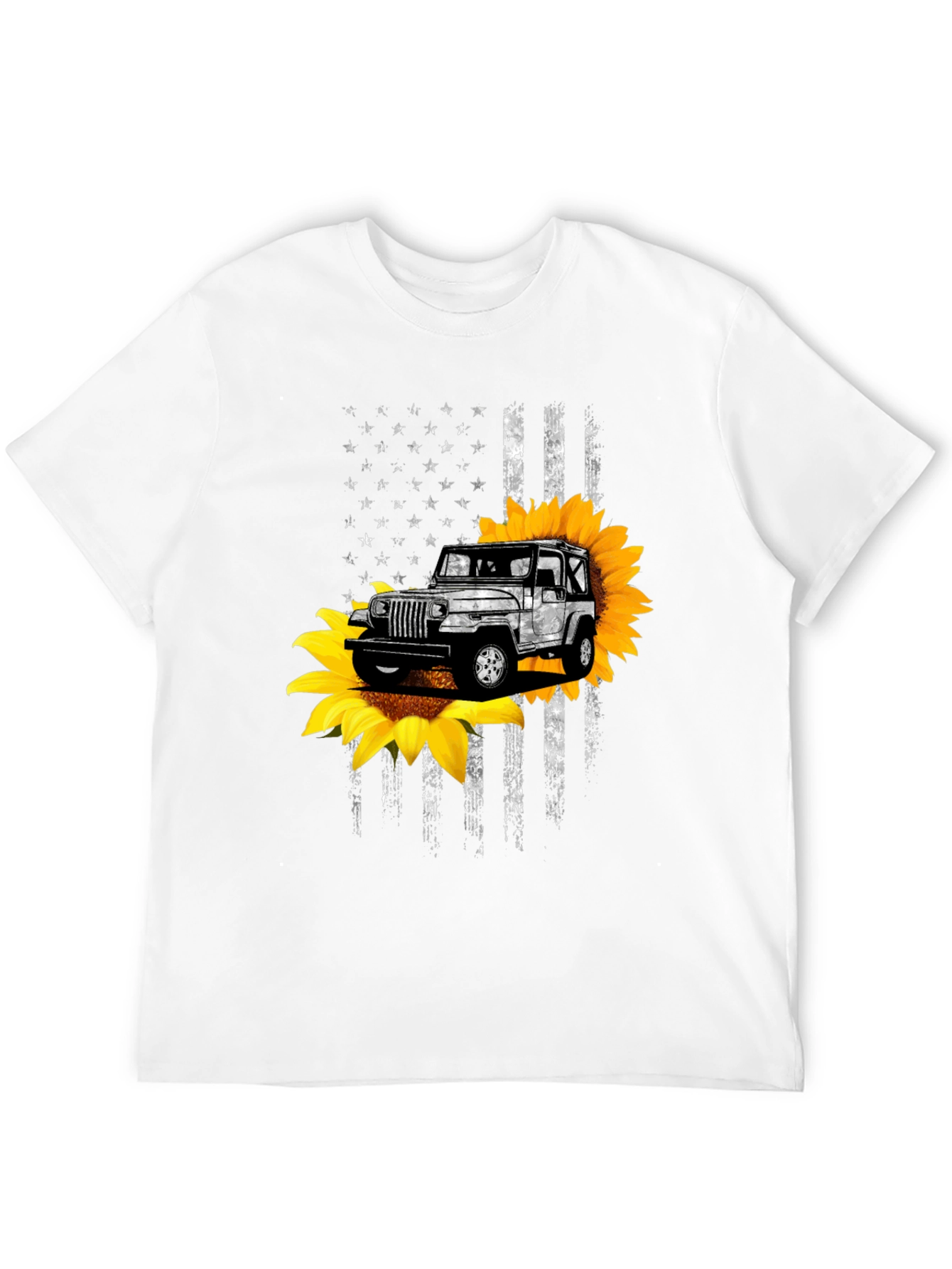 Sunflower Jeep Graphic Tee - Patriotic USA Flag Design