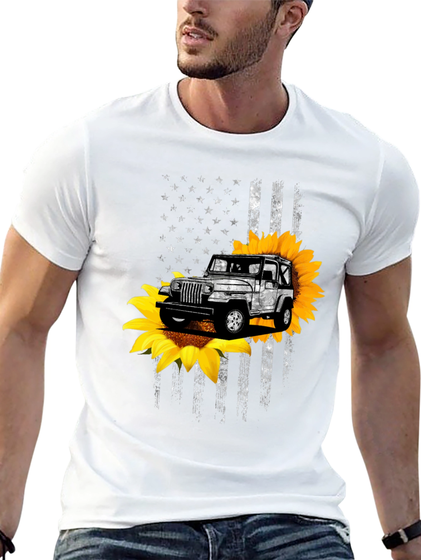 Sunflower Jeep Graphic Tee - Patriotic USA Flag Design