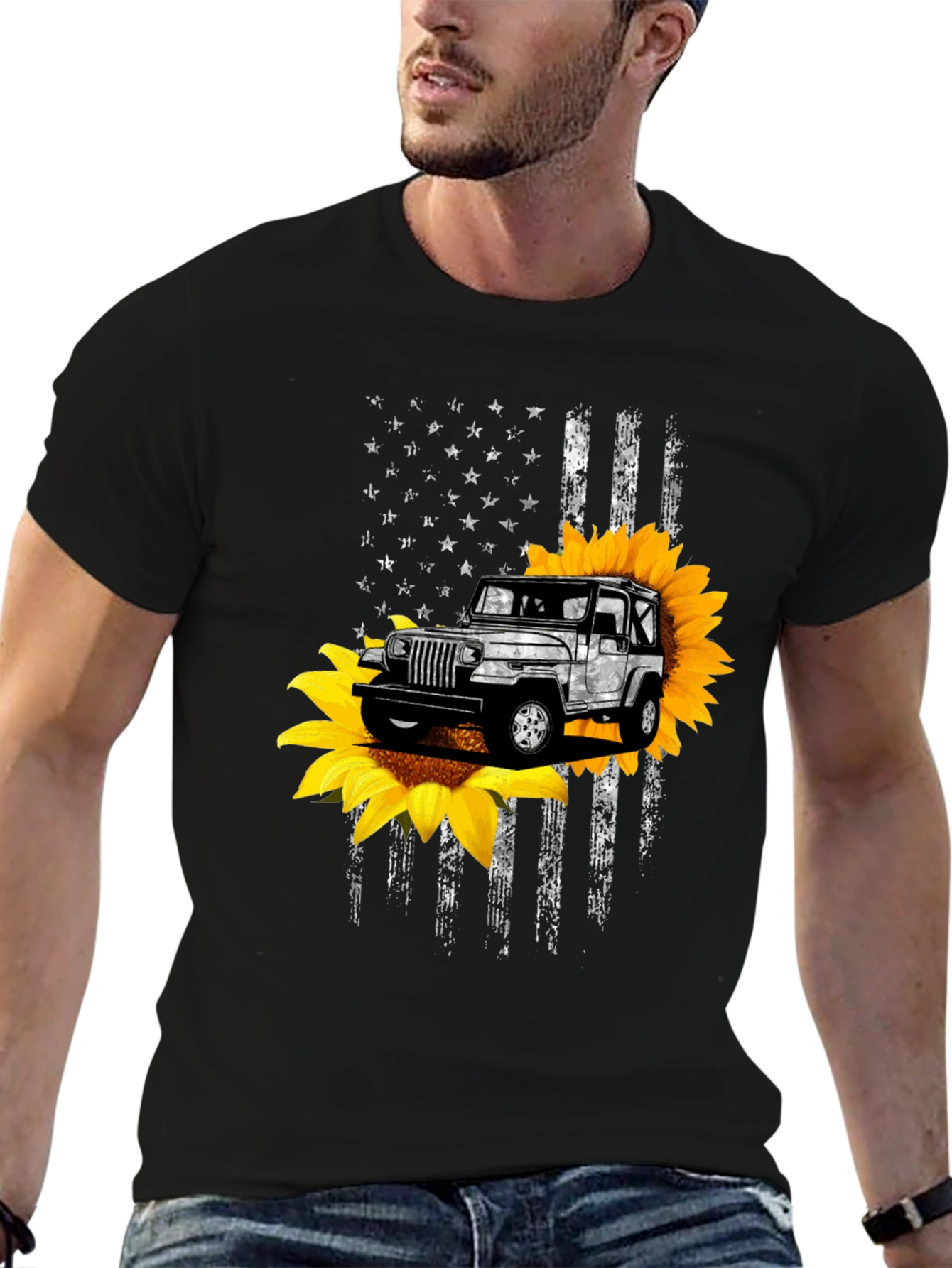 Sunflower Jeep Graphic Tee - Patriotic USA Flag Design