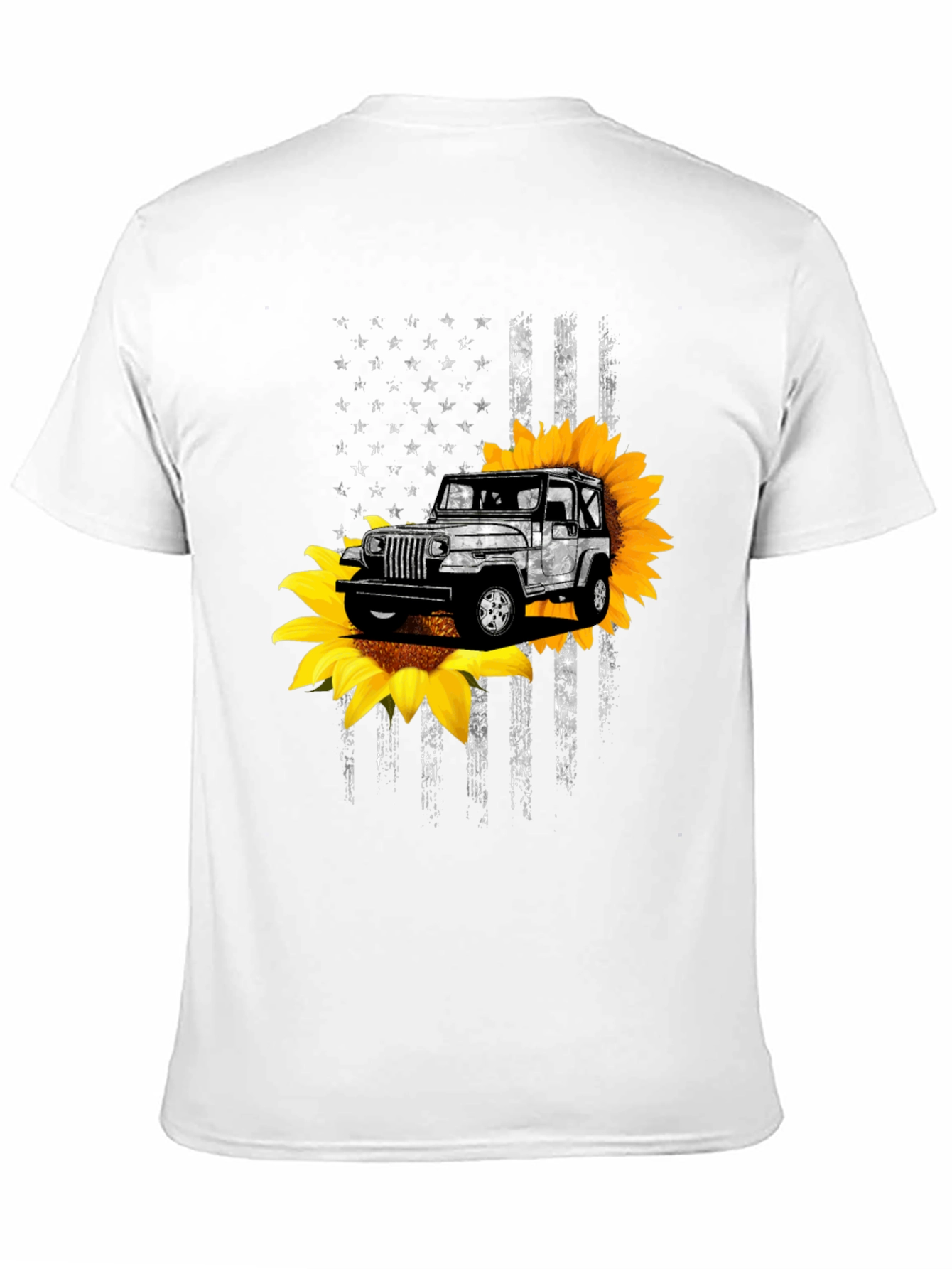 Sunflower Jeep Graphic Tee - Patriotic USA Flag Design