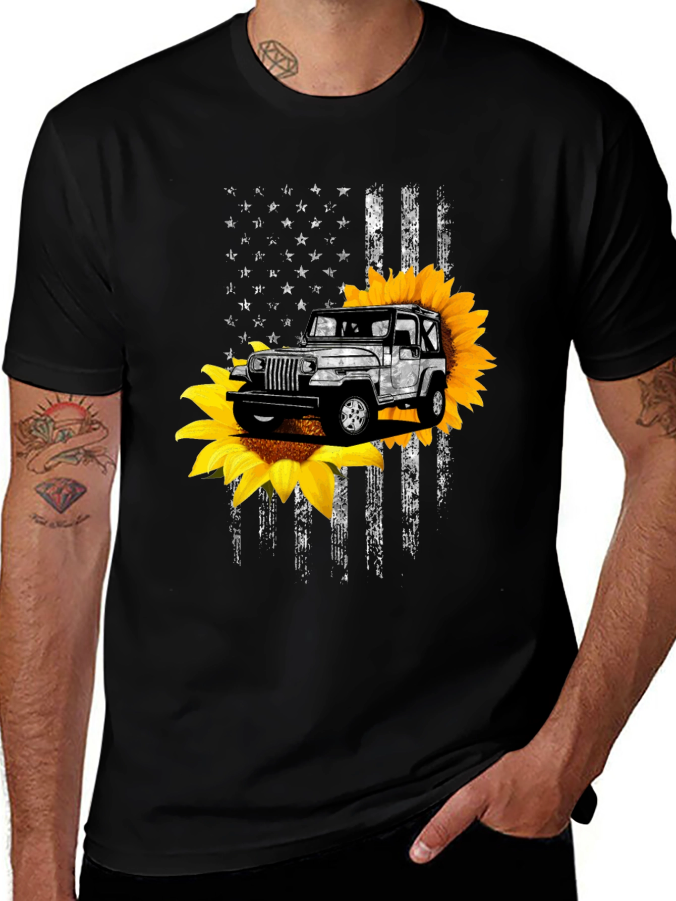 Sunflower Jeep Graphic Tee - Patriotic USA Flag Design