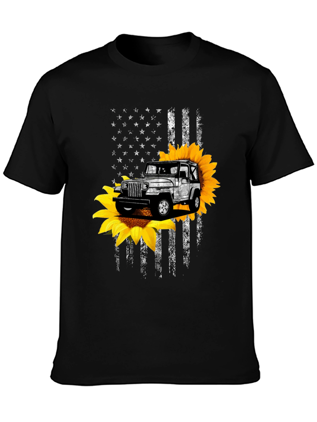 Sunflower Jeep Graphic Tee - Patriotic USA Flag Design