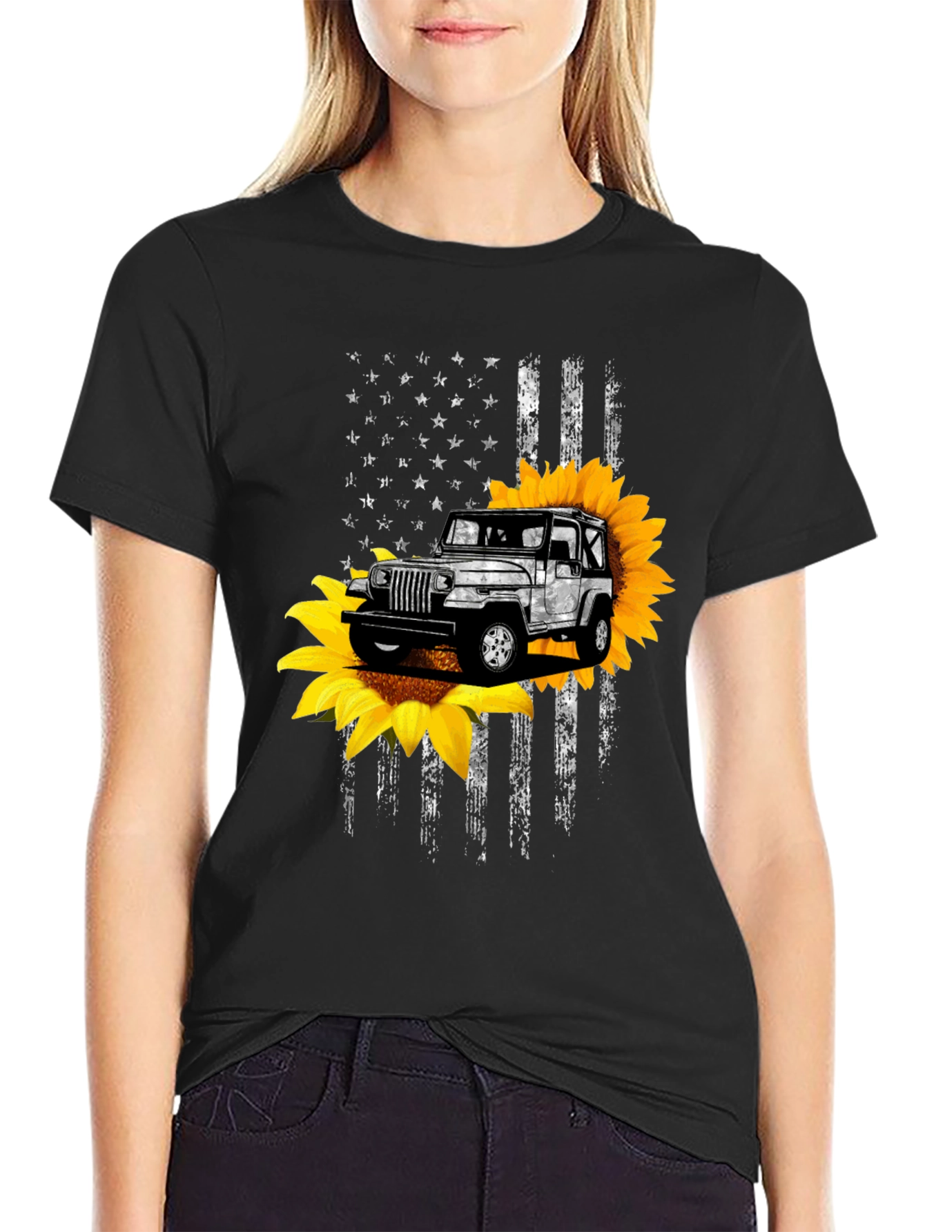 Sunflower Jeep Graphic Tee - Patriotic USA Flag Design