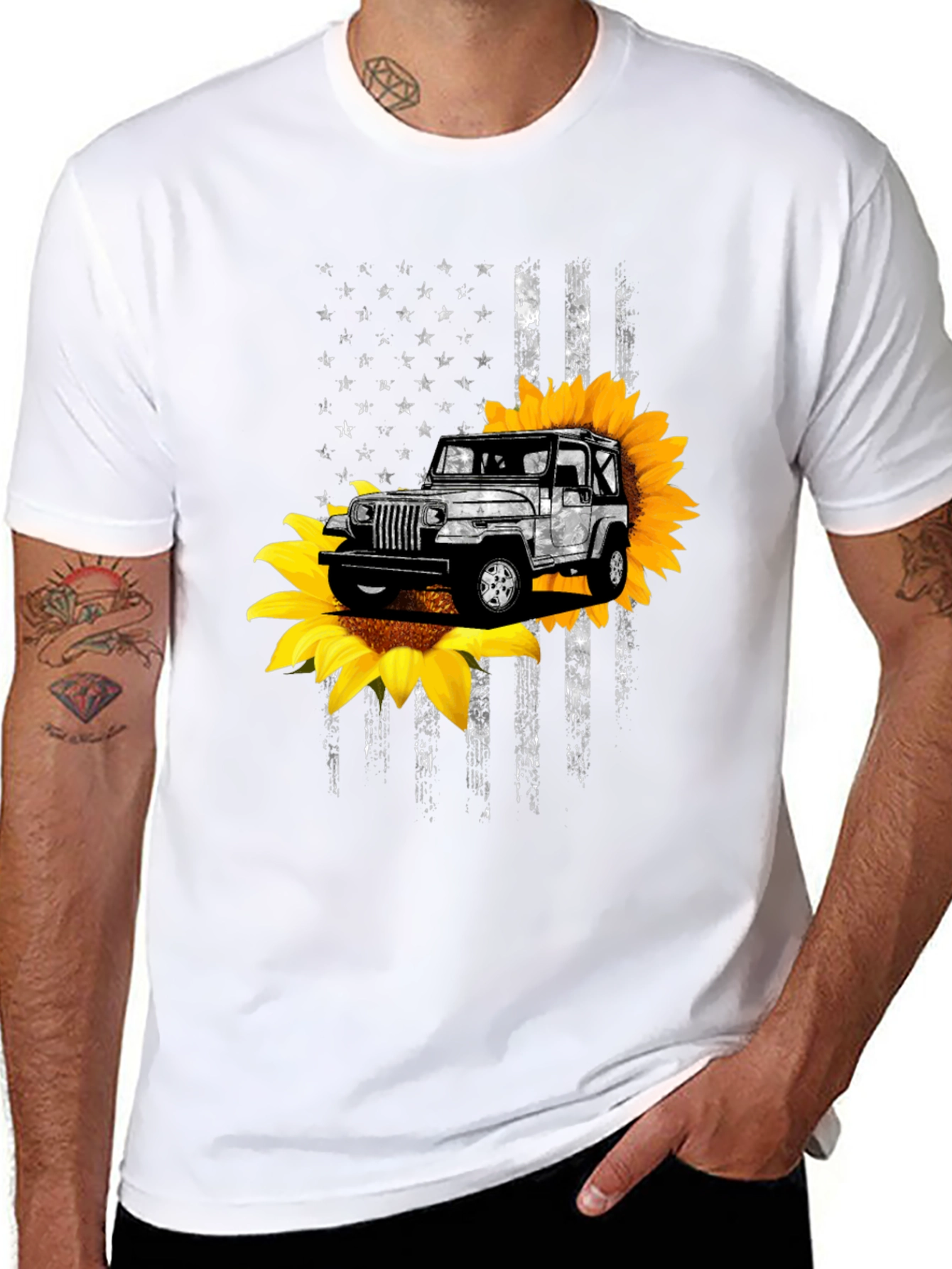 Sunflower Jeep Graphic Tee - Patriotic USA Flag Design