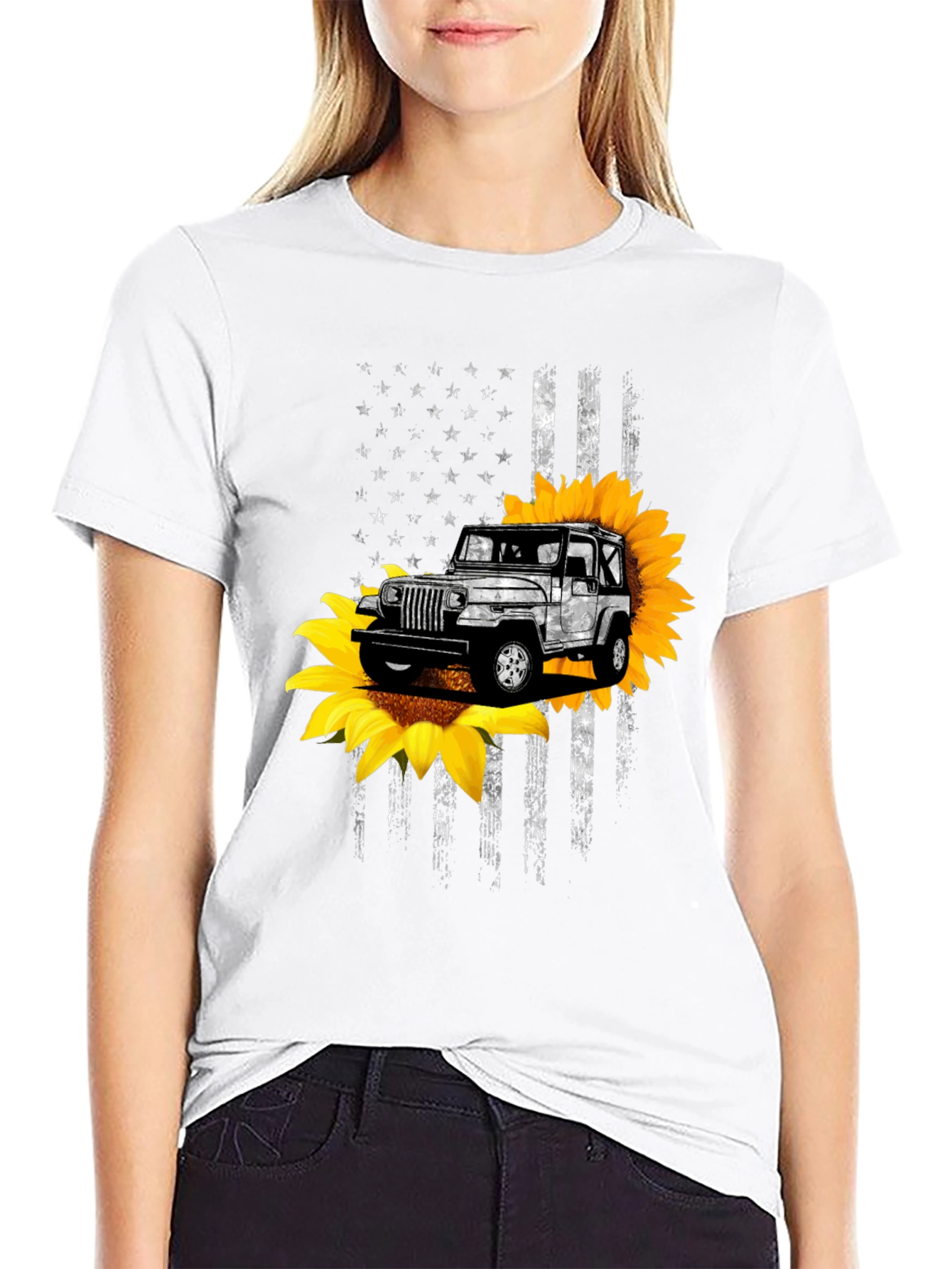 Sunflower Jeep Graphic Tee - Patriotic USA Flag Design