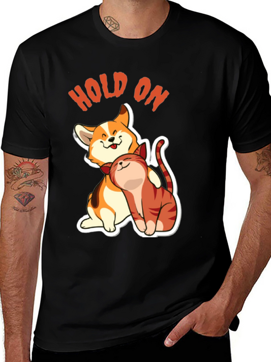 Cute Cat & Dog Hug T-Shirt - Hold On Graphic Tee
