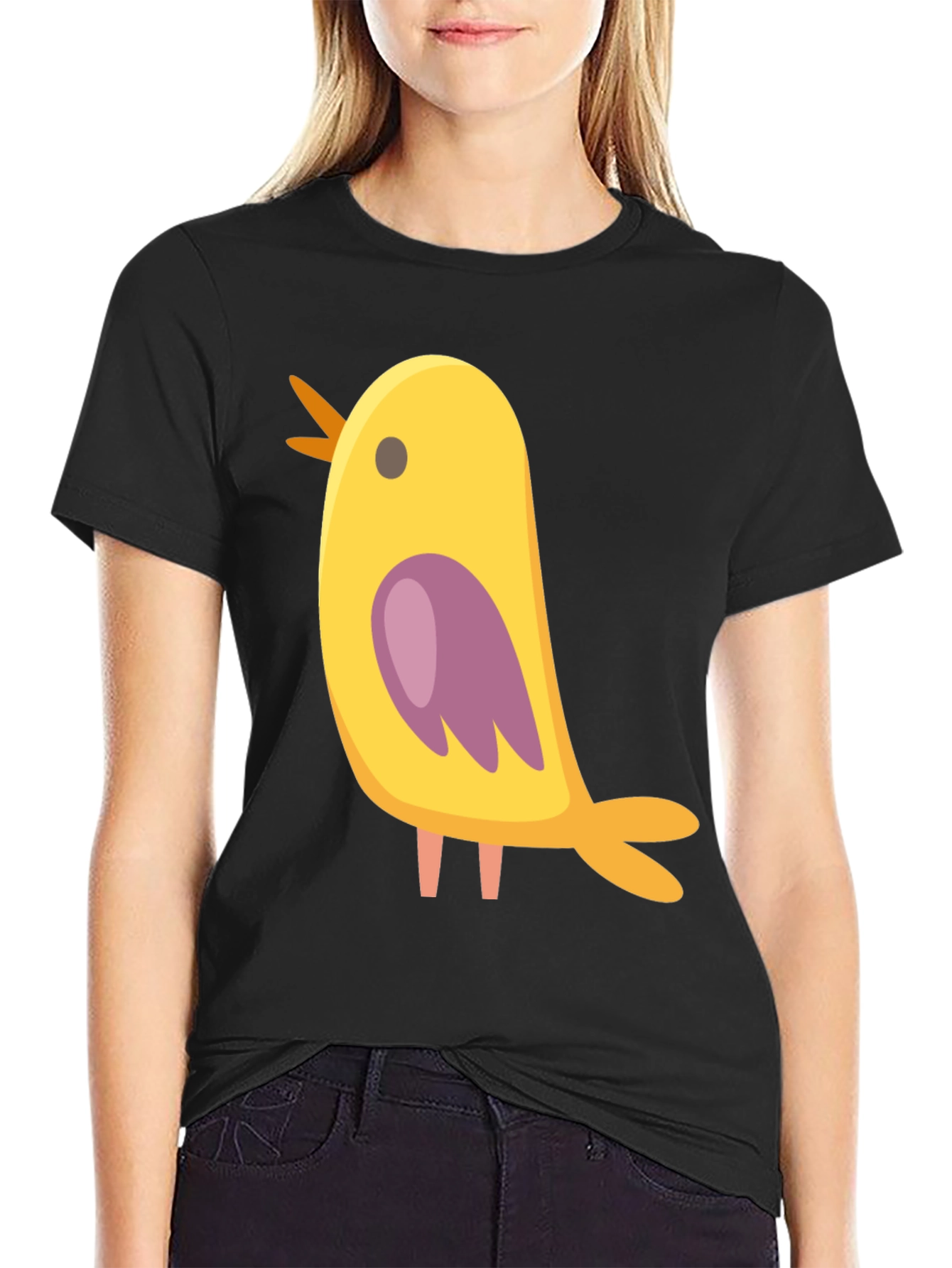 Cute Bird Graphic Tee - Black Cotton Blend