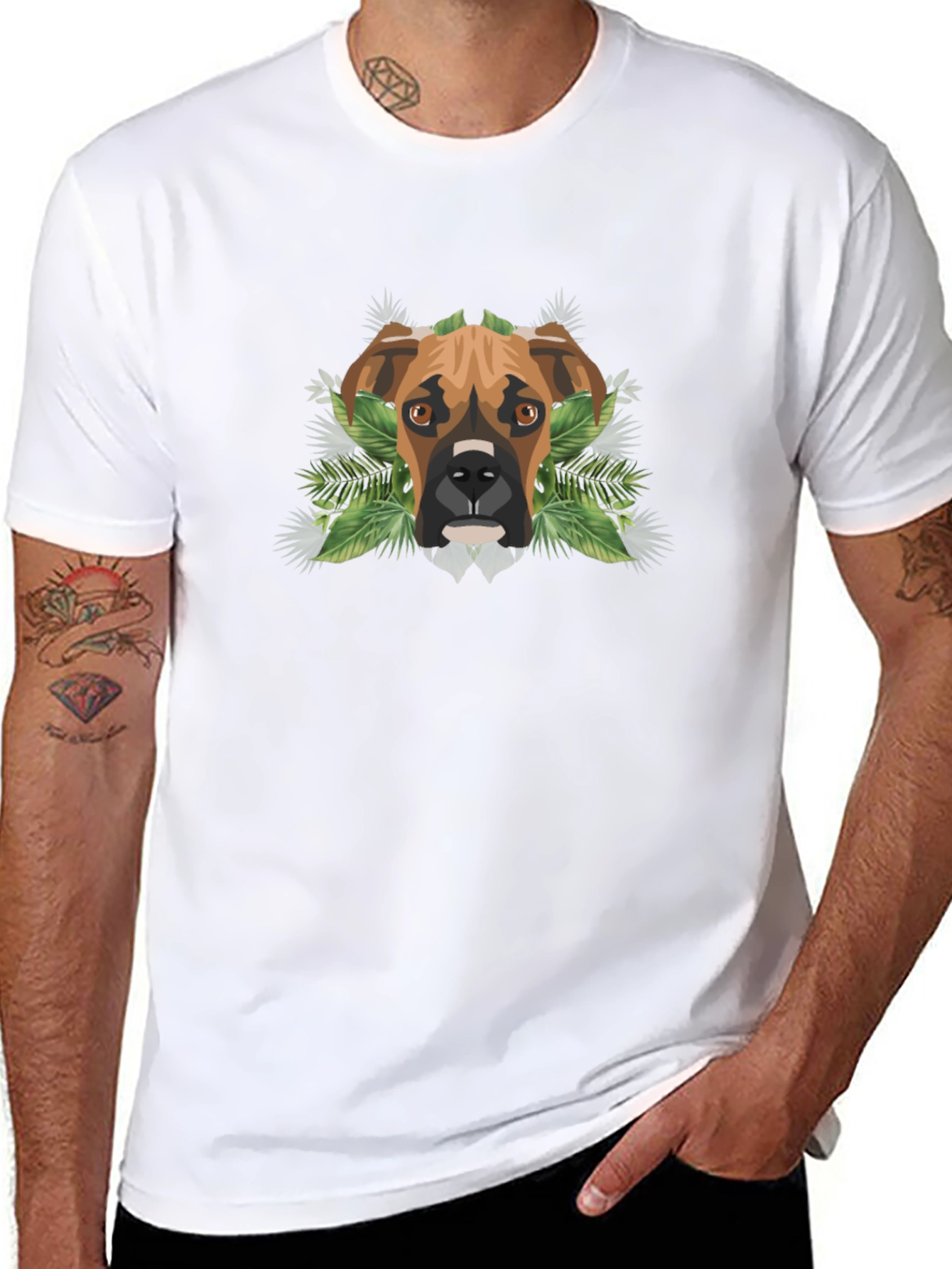 Dog Lover Tee: Boxer Dog Geometric & Foliage Design