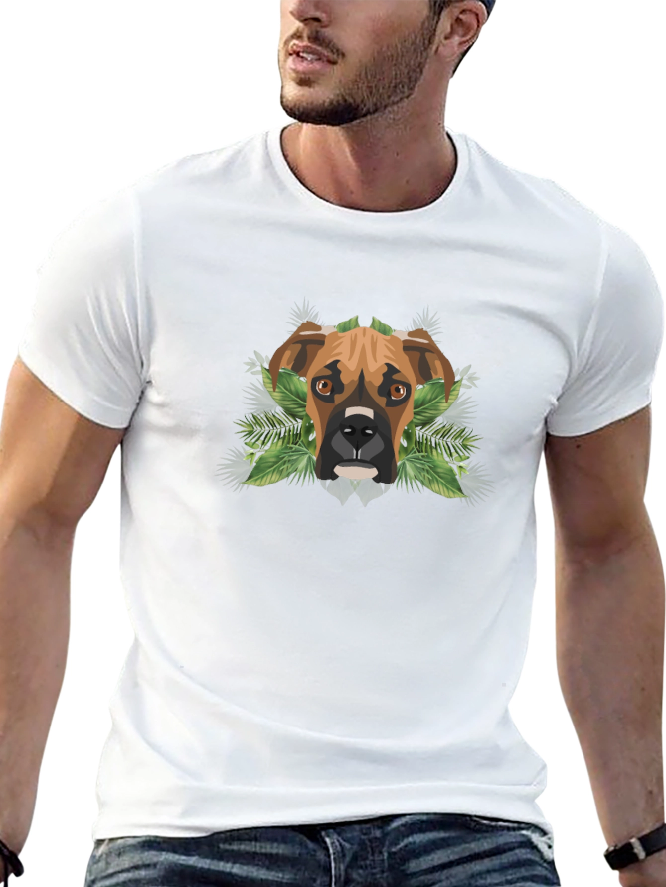 Dog Lover Tee: Boxer Dog Geometric & Foliage Design
