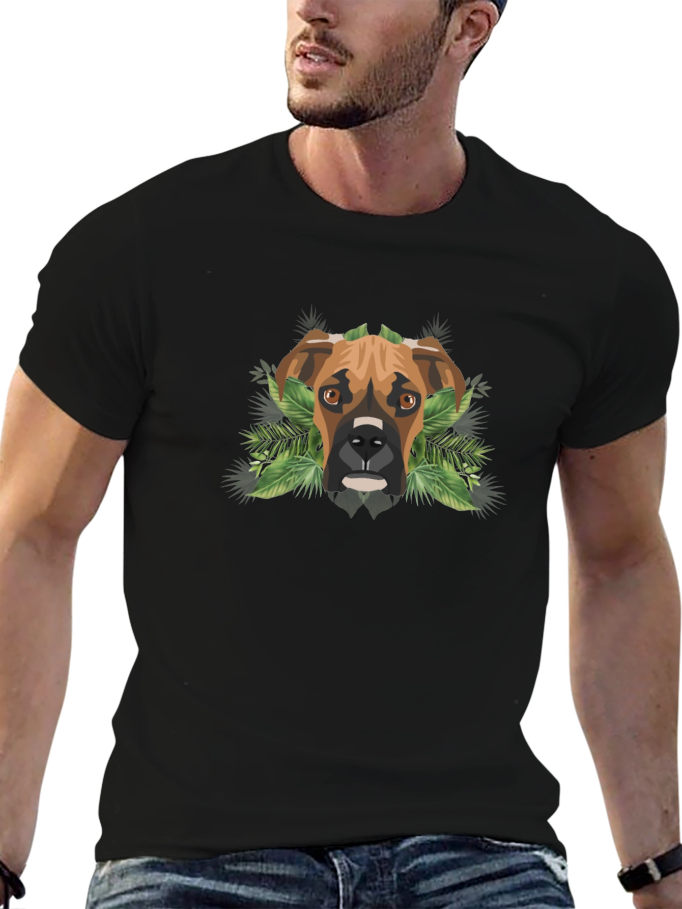 Dog Lover Tee: Boxer Dog Geometric & Foliage Design