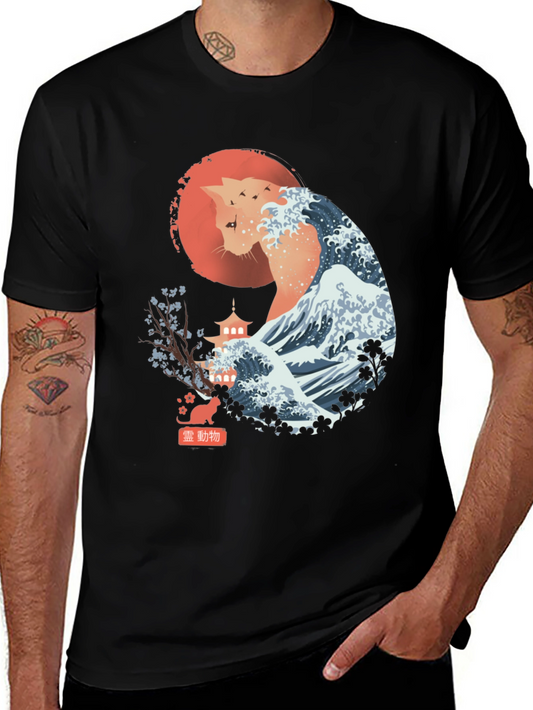 Cat Wave Art T-Shirt - Japanese Inspired Design