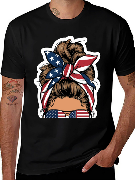 Patriotic Messy Bun T-Shirt - USA Flag Design