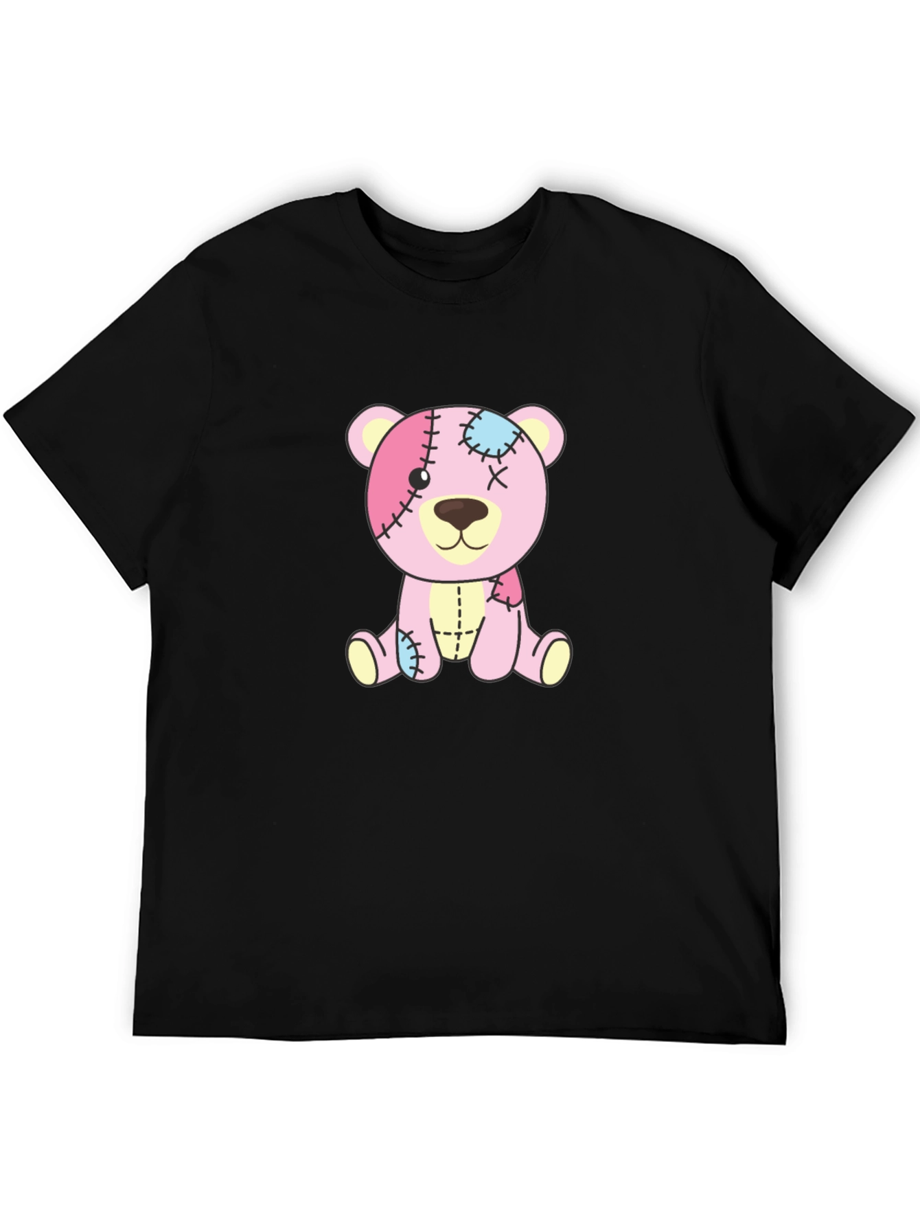 Cute Pink Patchwork Teddy Bear Black T-Shirt