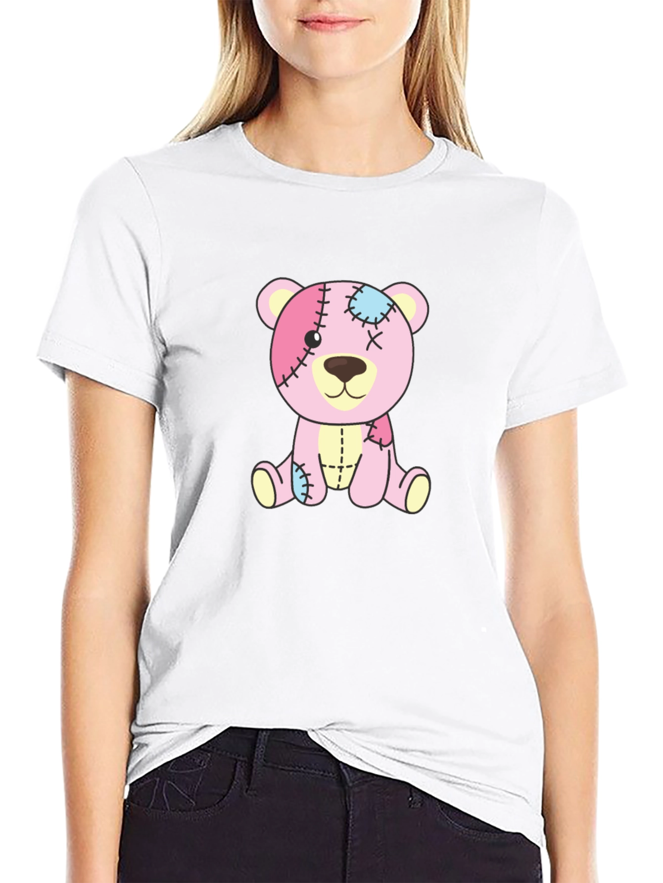 Cute Pink Patchwork Teddy Bear Black T-Shirt