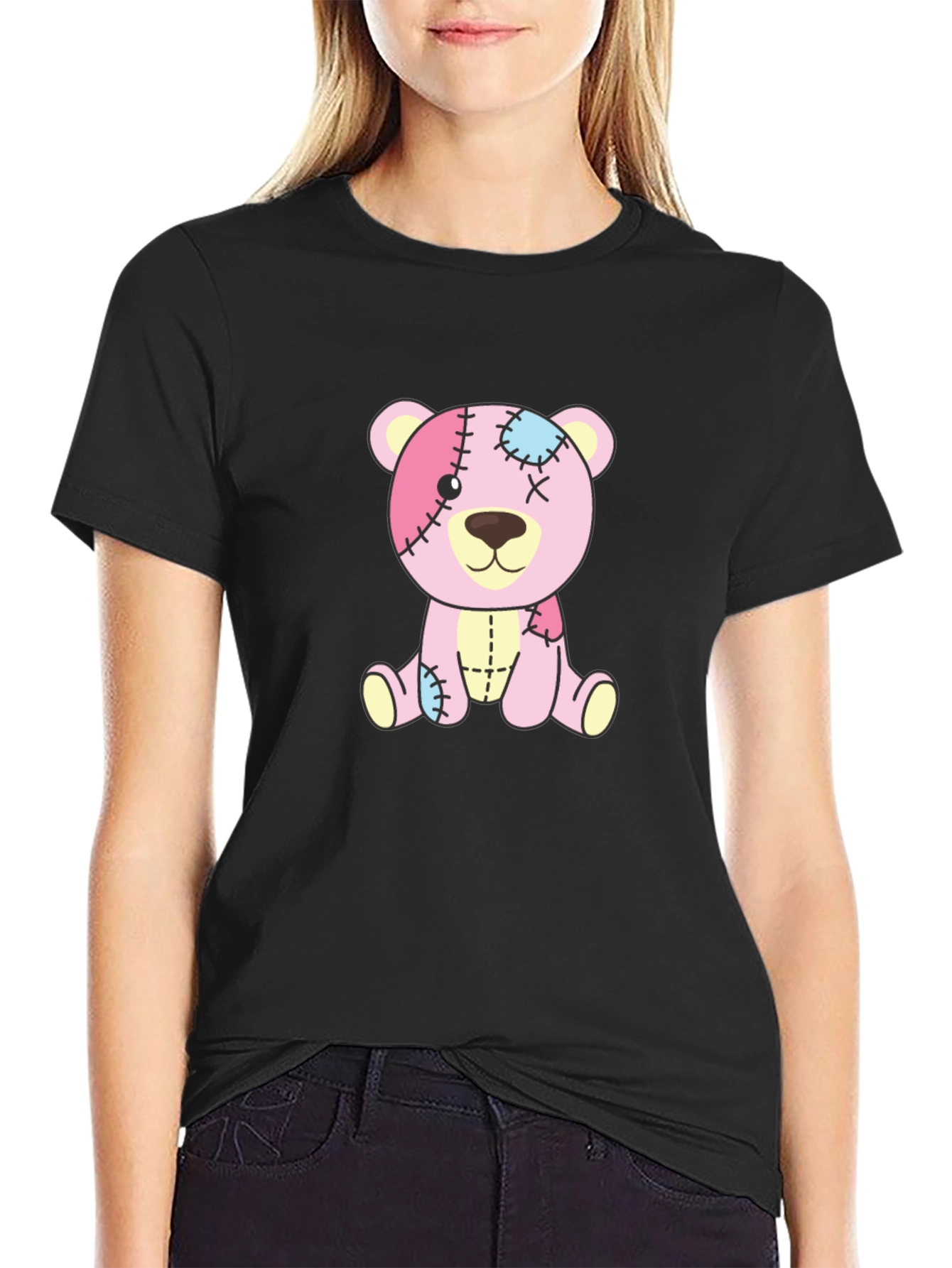 Cute Pink Patchwork Teddy Bear Black T-Shirt