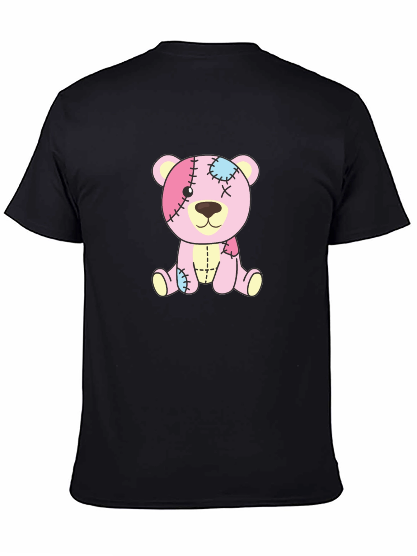 Cute Pink Patchwork Teddy Bear Black T-Shirt