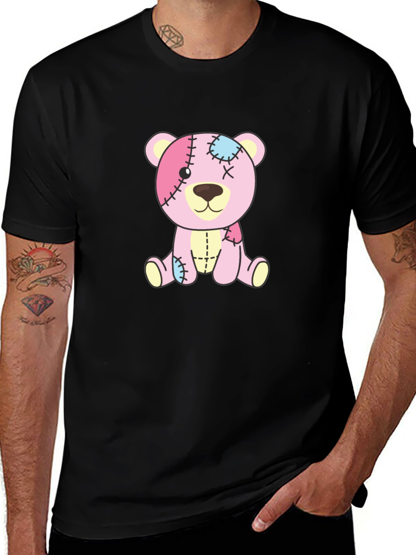 Cute Pink Patchwork Teddy Bear Black T-Shirt