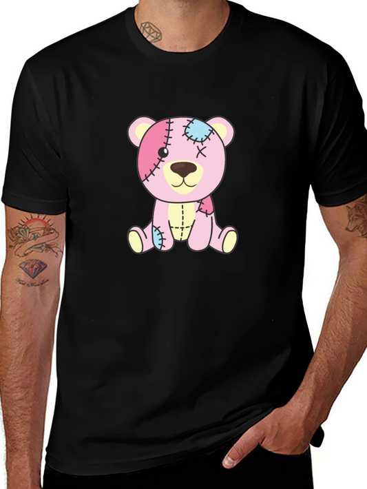 Cute Pink Patchwork Teddy Bear Black T-Shirt