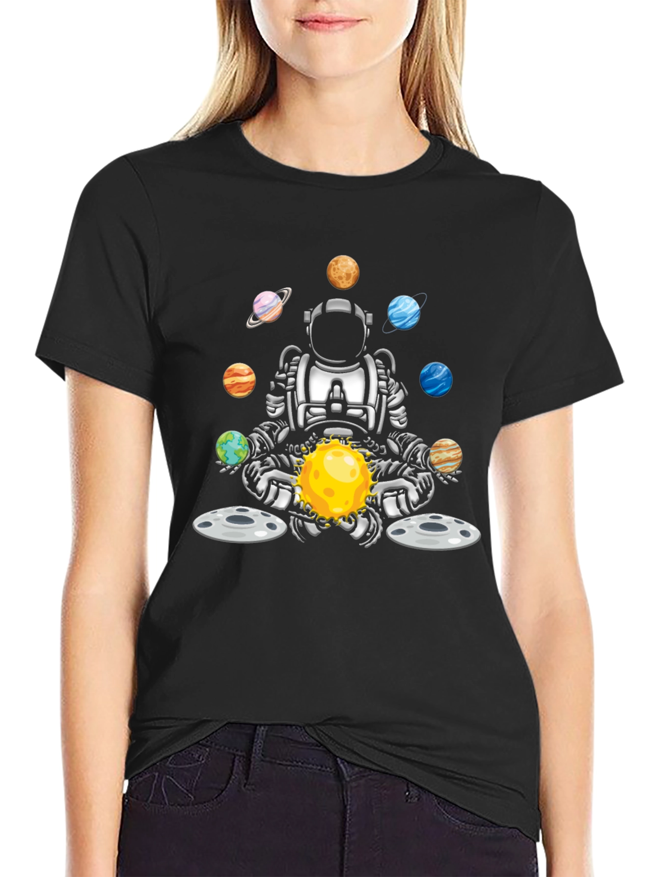 Astronaut Juggling Planets Black T-Shirt
