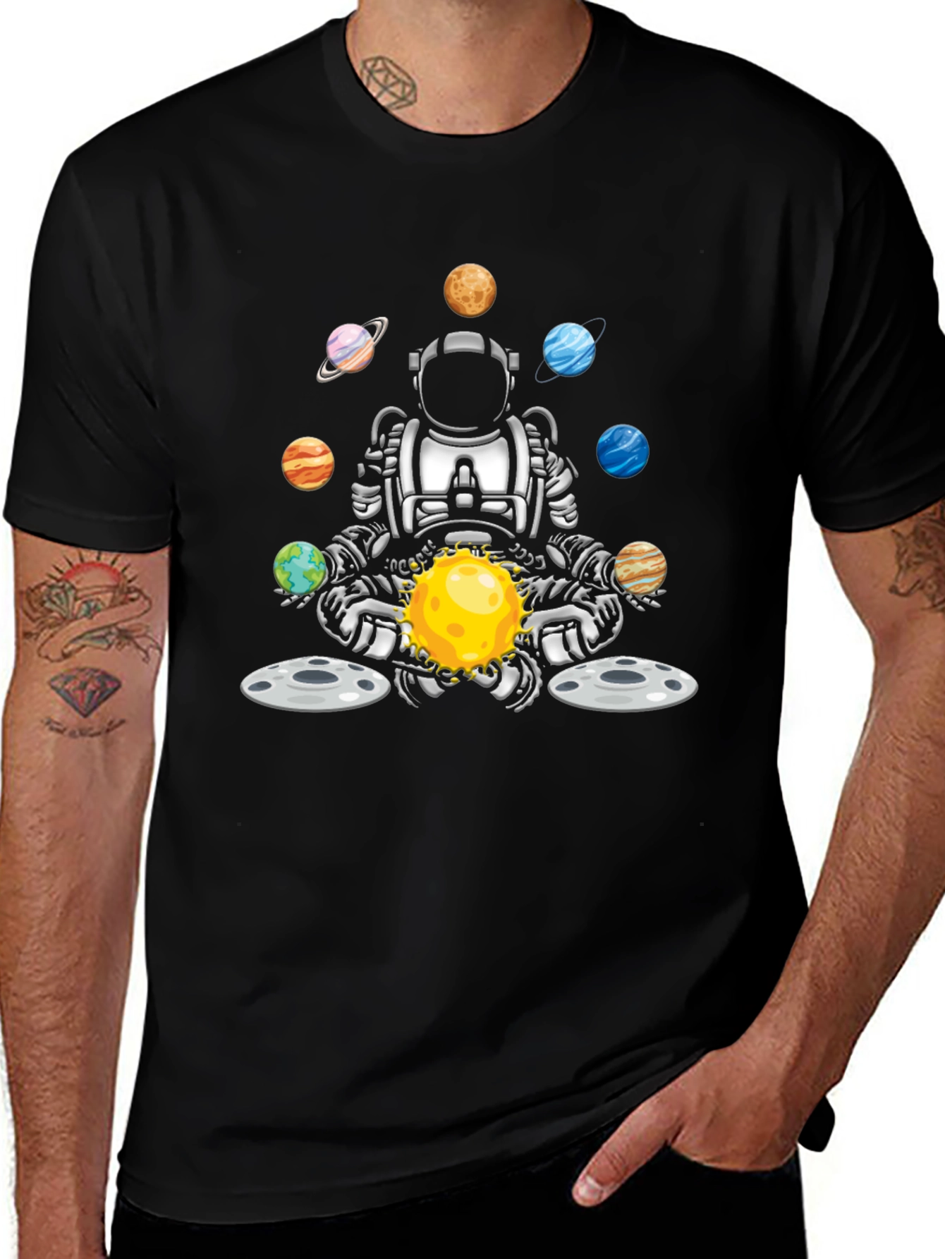 Astronaut Juggling Planets Black T-Shirt