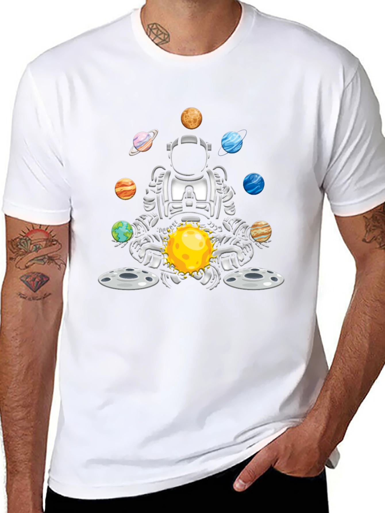 Astronaut Juggling Planets Black T-Shirt