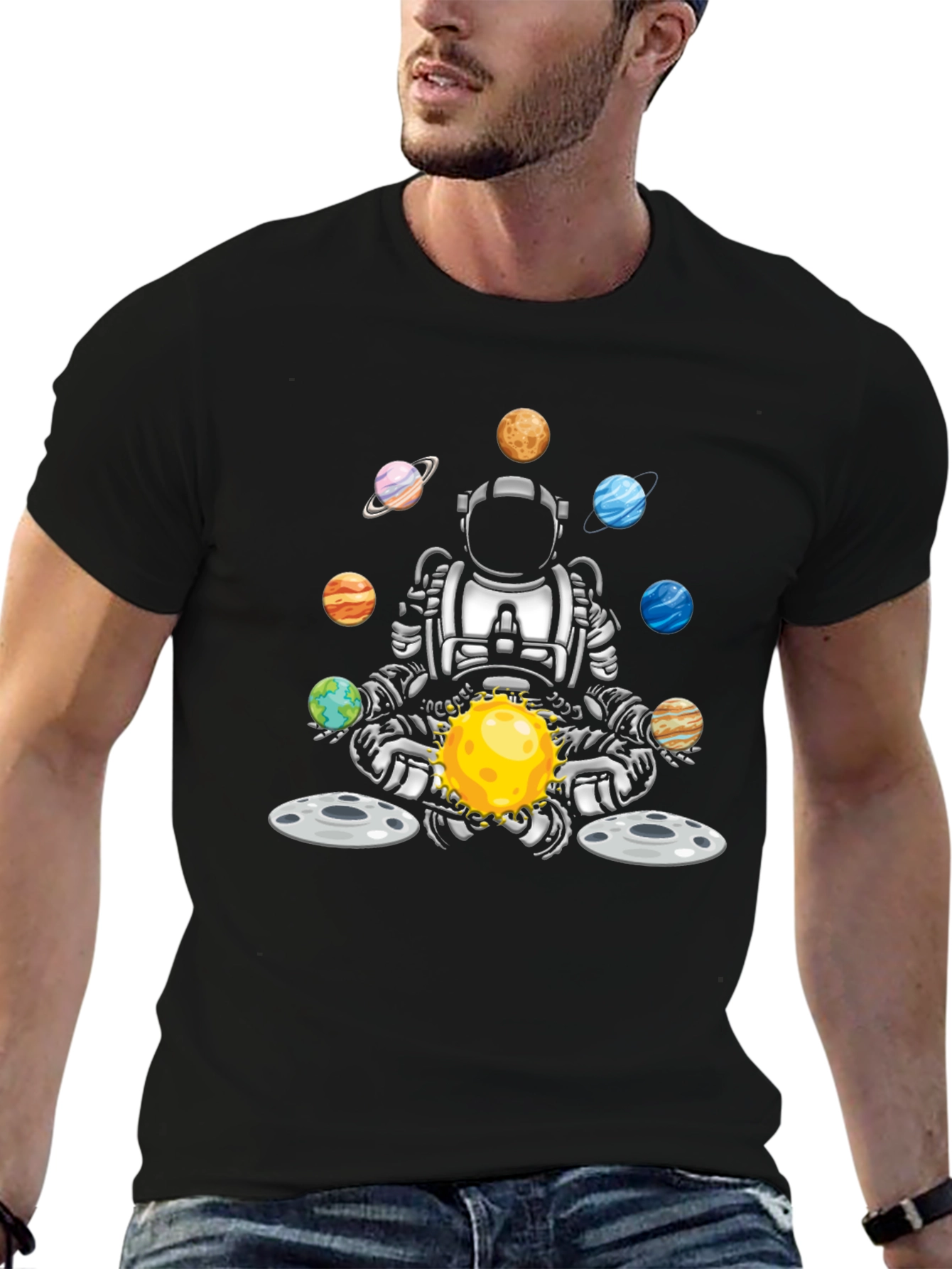 Astronaut Juggling Planets Black T-Shirt