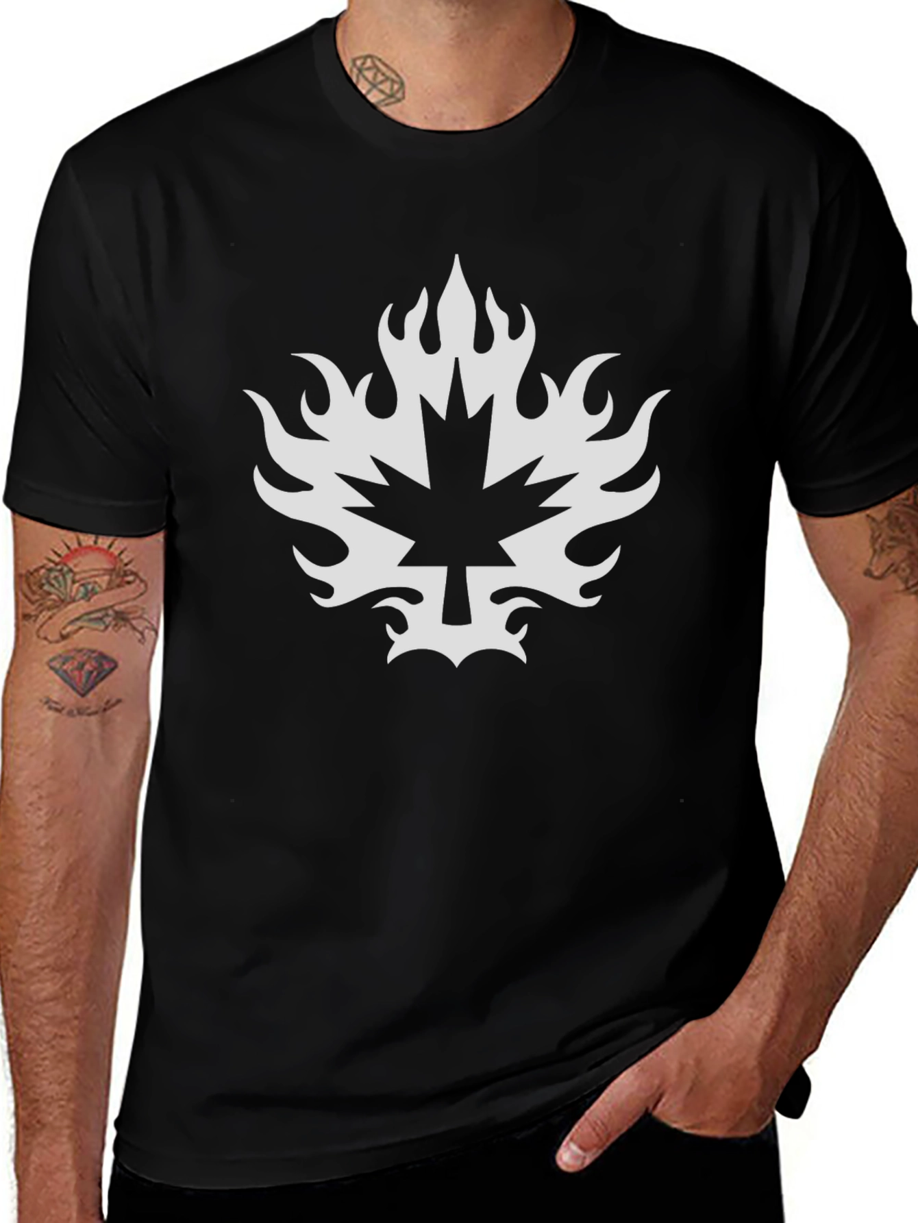 Maple Leaf Flame Graphic Tee - Black Cotton T-Shirt