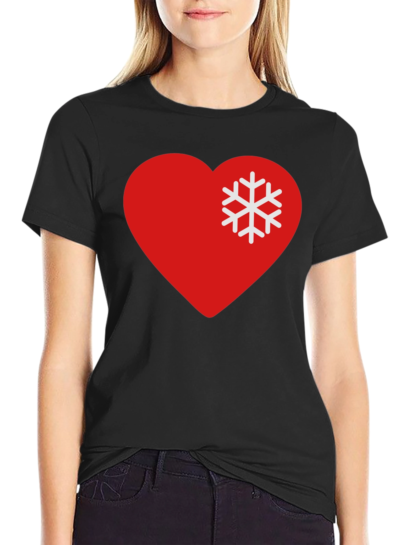 Heart Snowflake Graphic Tee - Black Casual T-Shirt