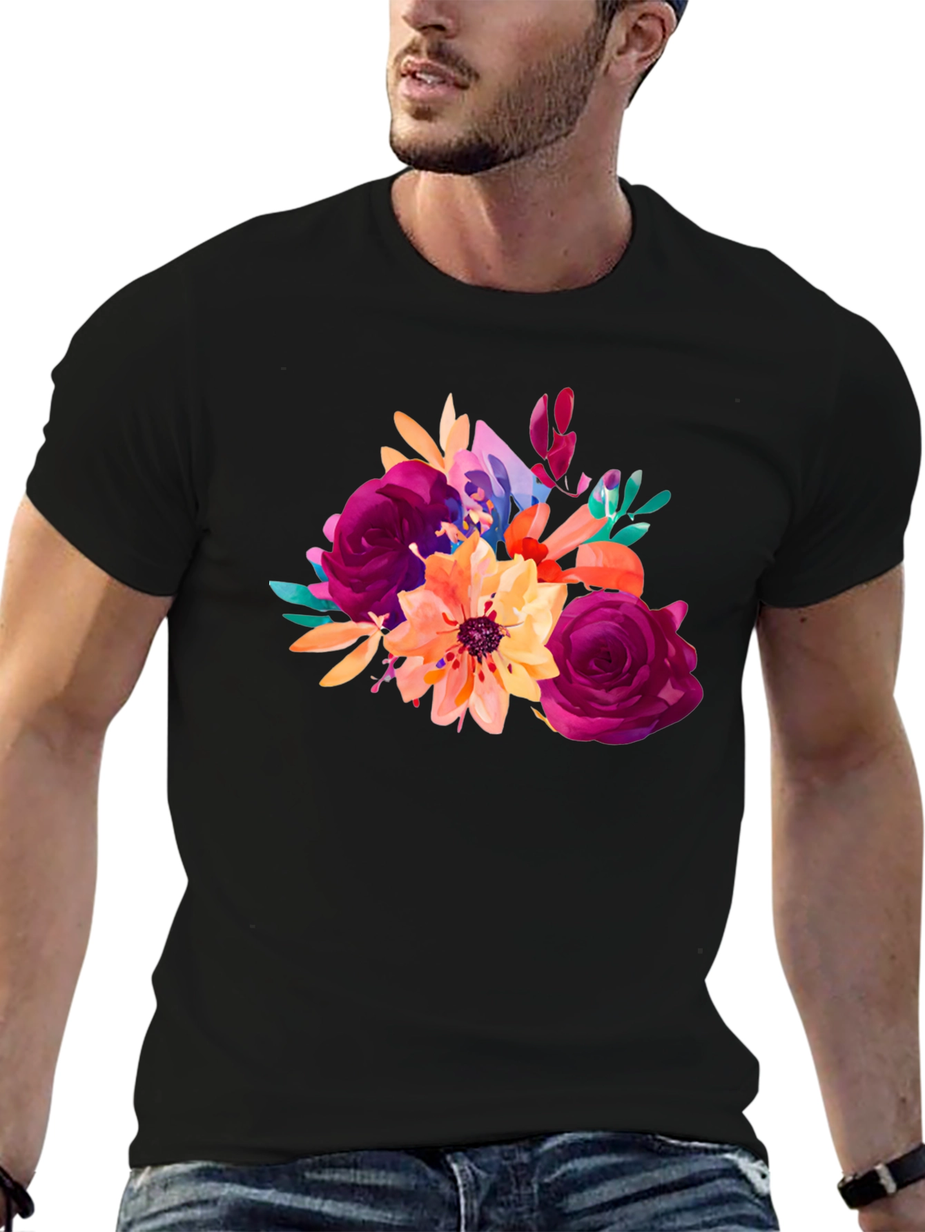 Floral Bouquet Graphic T-Shirt - Stylish Black Tee