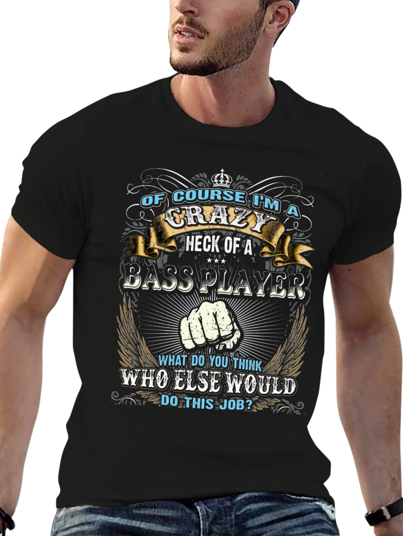 Crazy Bass Player Graphic T-Shirt - Black