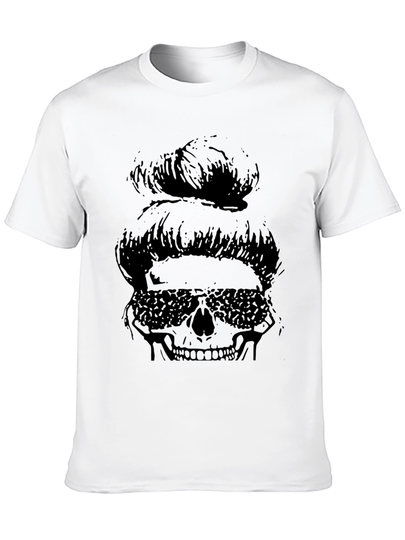 Messy Bun Skull Graphic Tee - Black