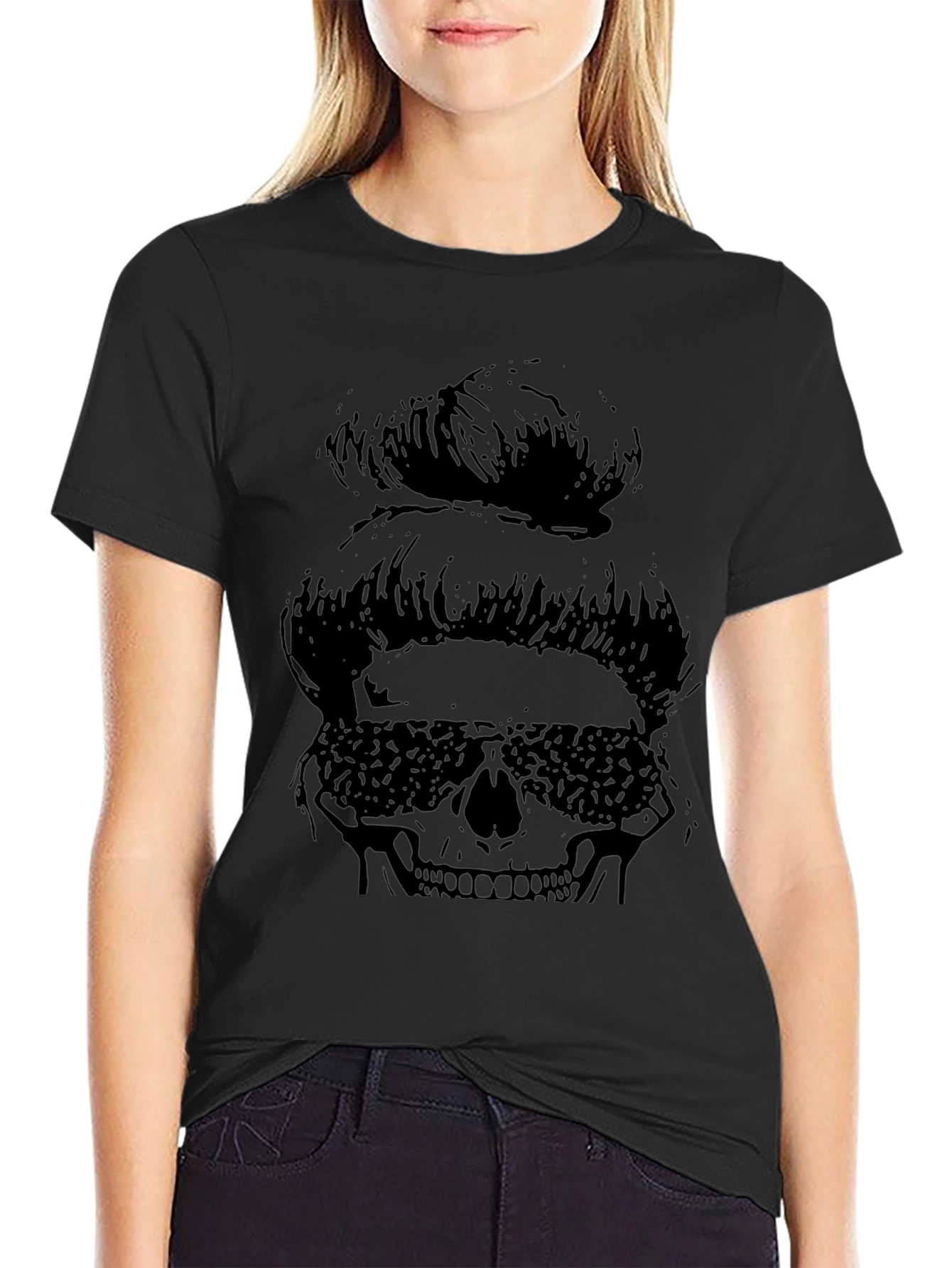 Messy Bun Skull Graphic Tee - Black