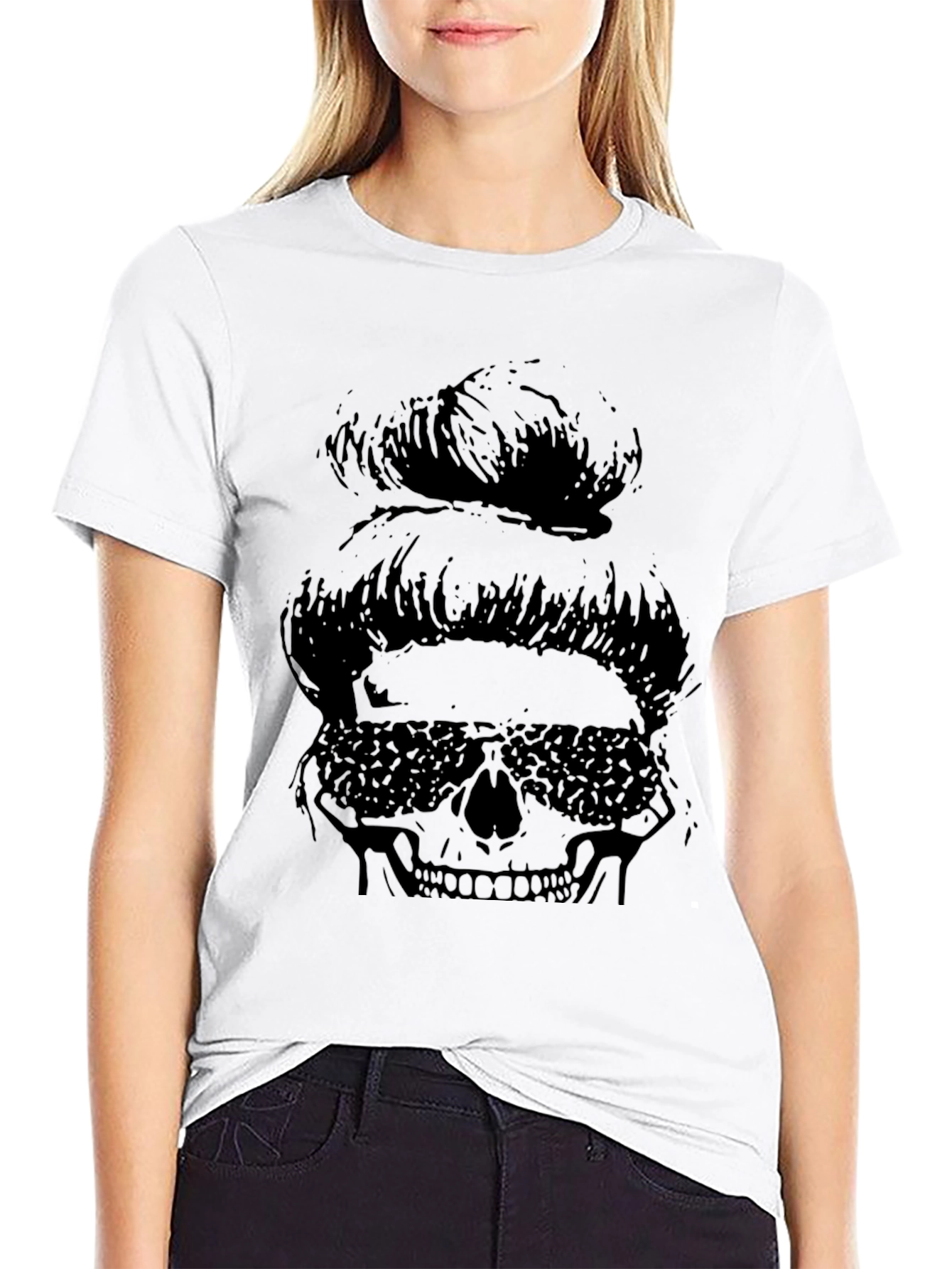 Messy Bun Skull Graphic Tee - Black